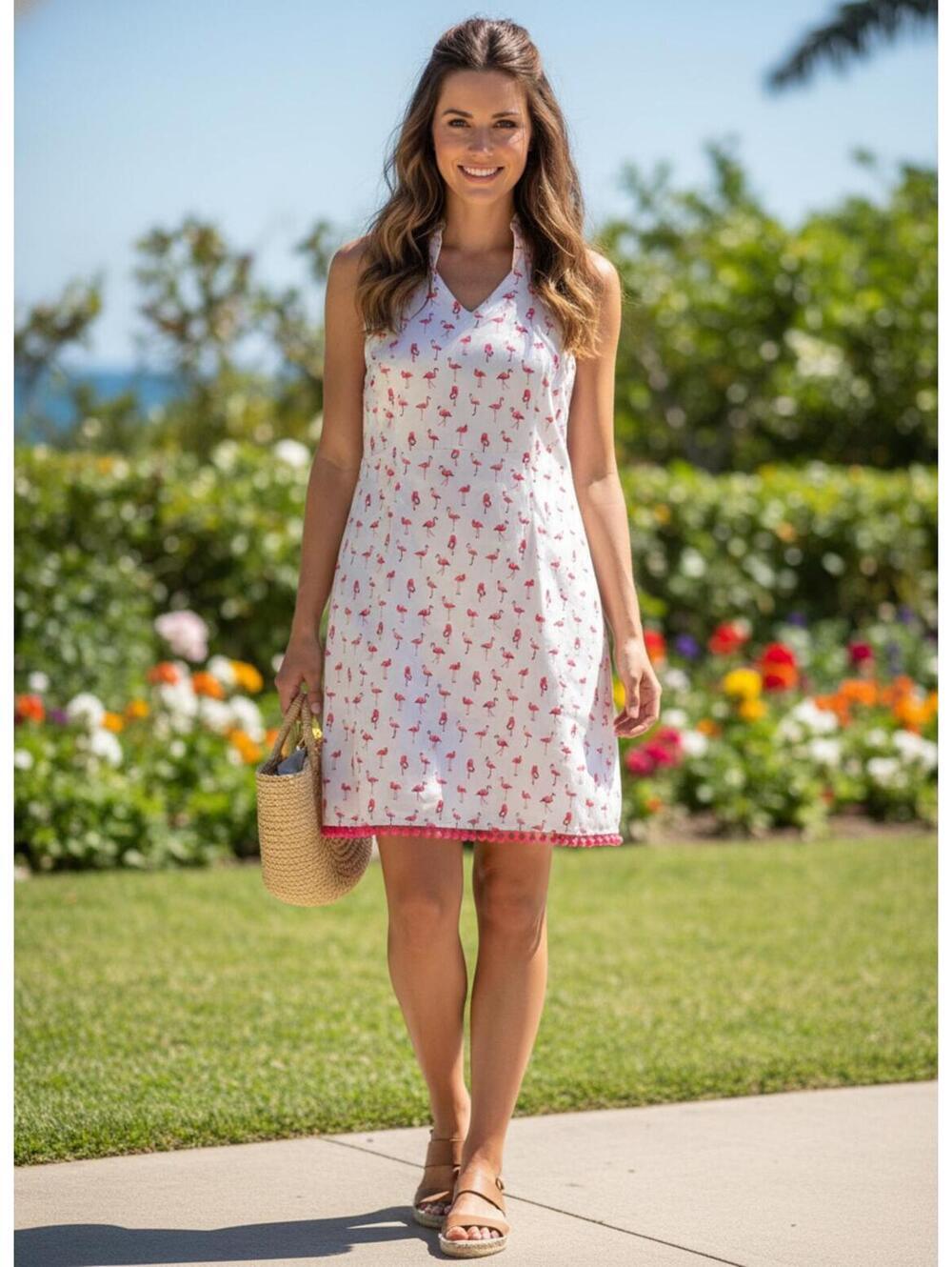 Chetta B Sleeveless White/ Pink Flamingo Novelty Print/Pom Pom Trim Size 12